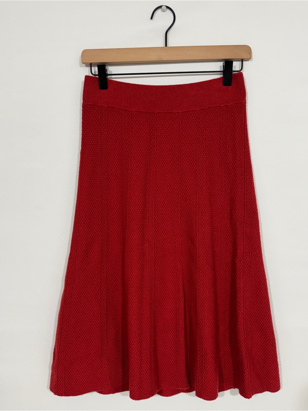 WSK50 {Ann Taylor} Red Cable Knit Sweater Elastic Waist Pull On Midi Skirt
